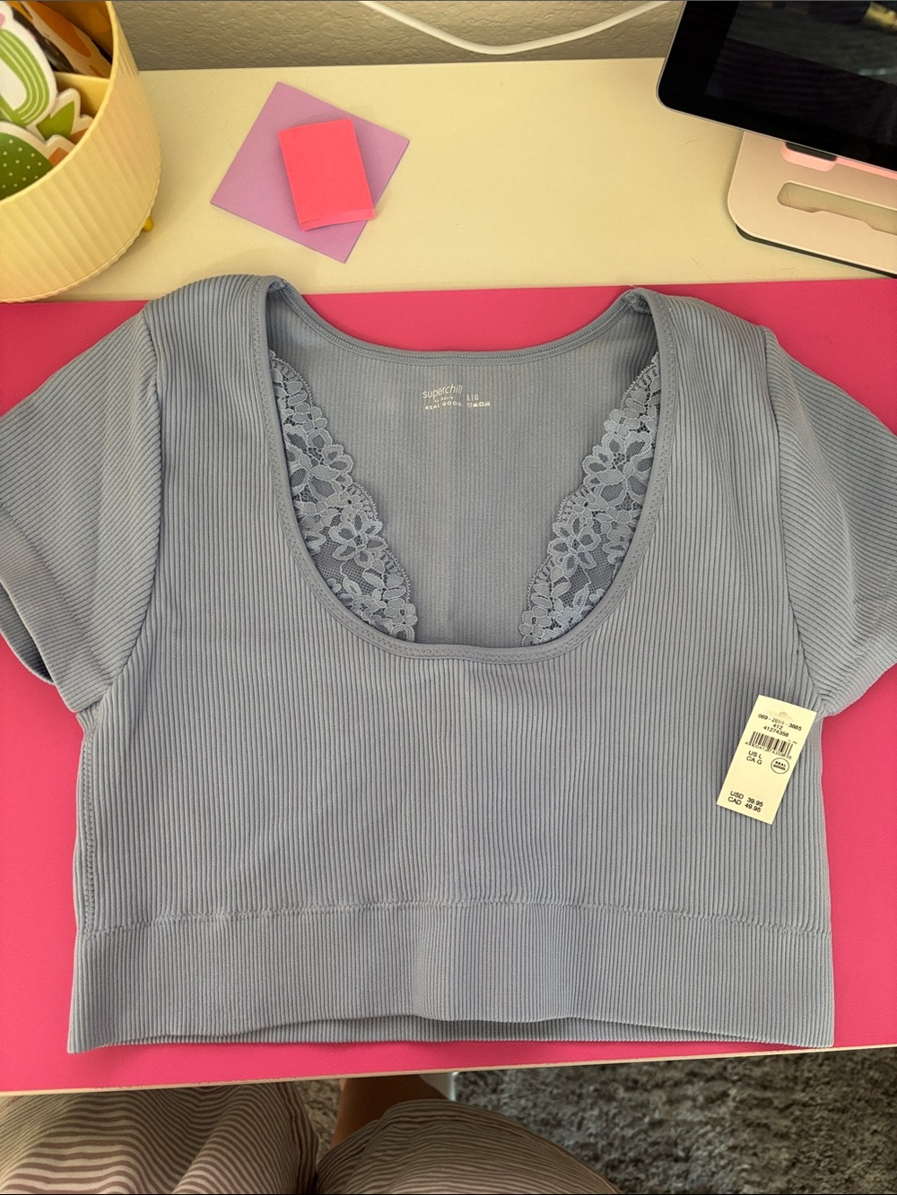 aerie Ribbed Lace-Trim Scoop Crop Top - Light Blue